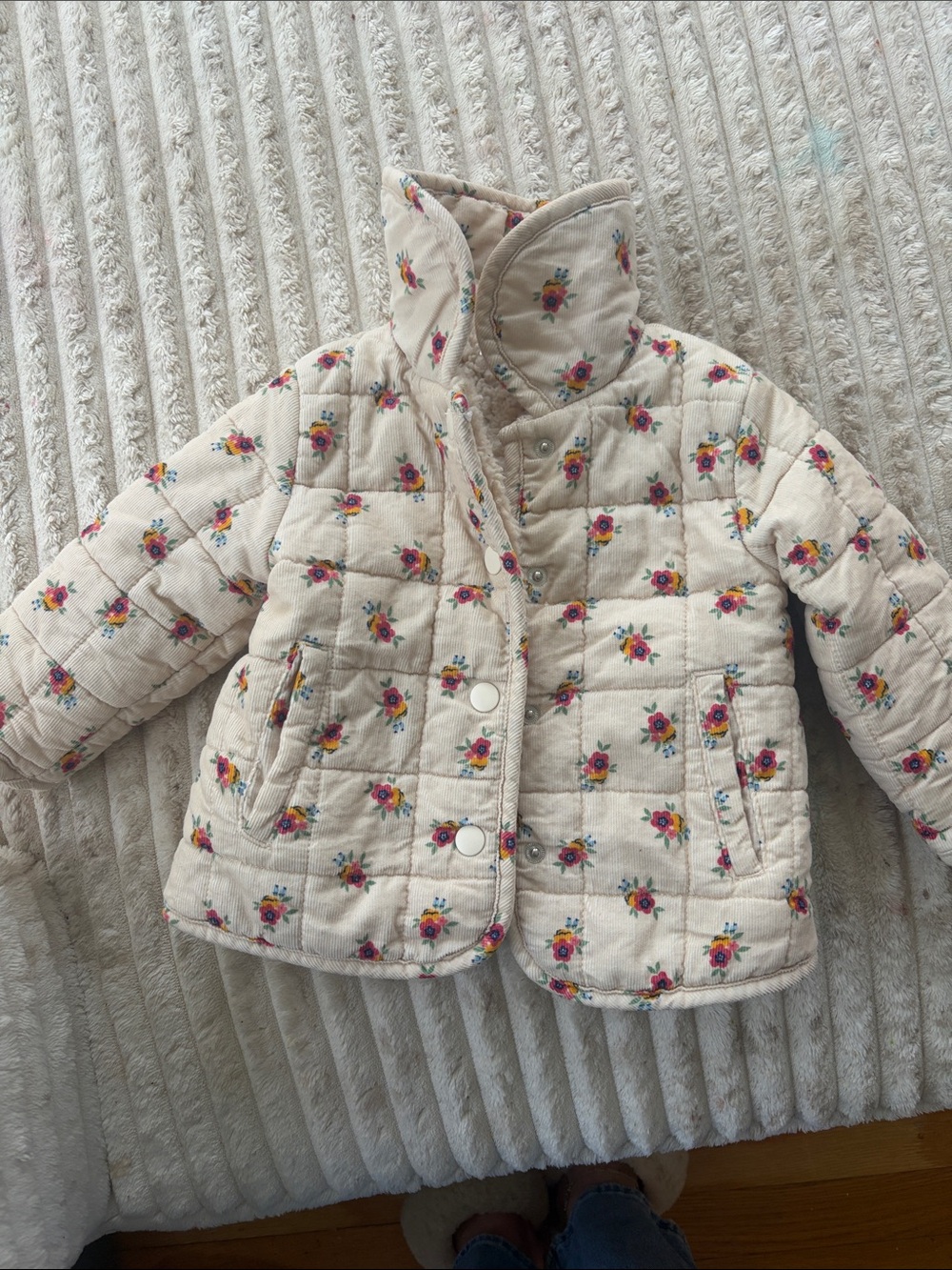 Girls' Cream Quilted Floral Jacket with Sherpa Lining